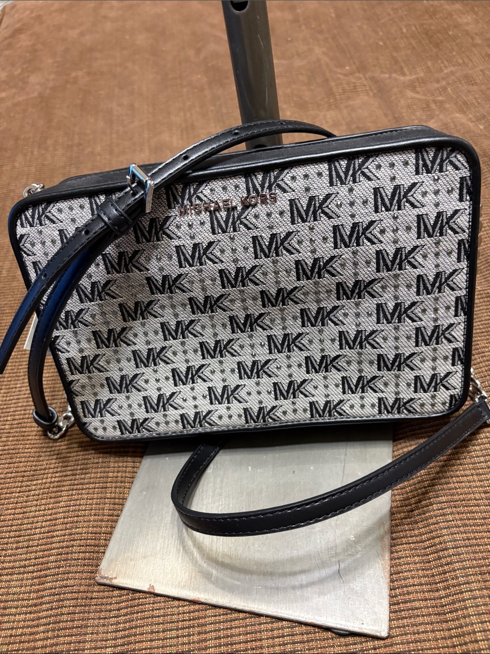 Michael Kors Black and White MK Logo Messenger Crossbody